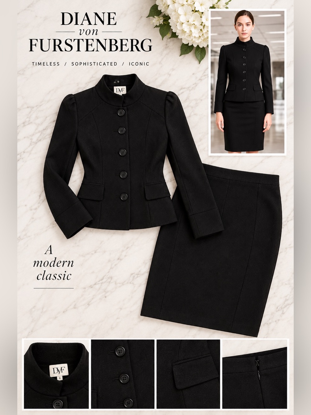 Diane von Furstenberg Black Skirt Suit Size 8 Tailored Stretch Blazer Pencil